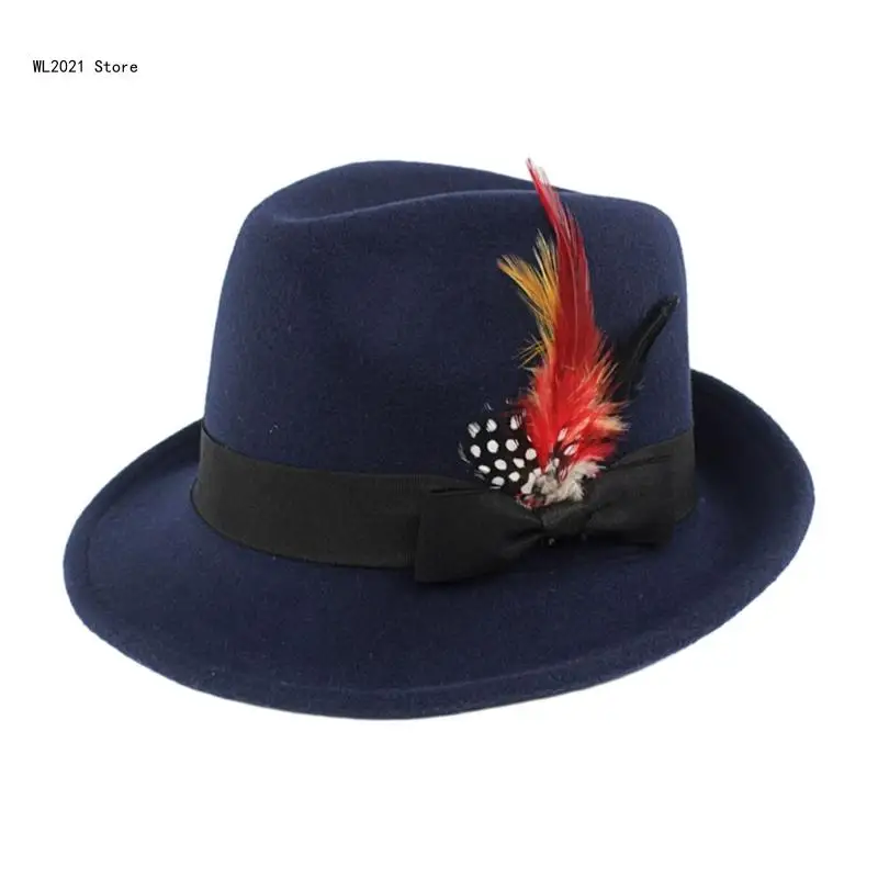 Western Top Hat Wide Brim Fedora Hat Gift for Boyfriend Top Hat Short Brim with Feather for Outdoor Gatherings