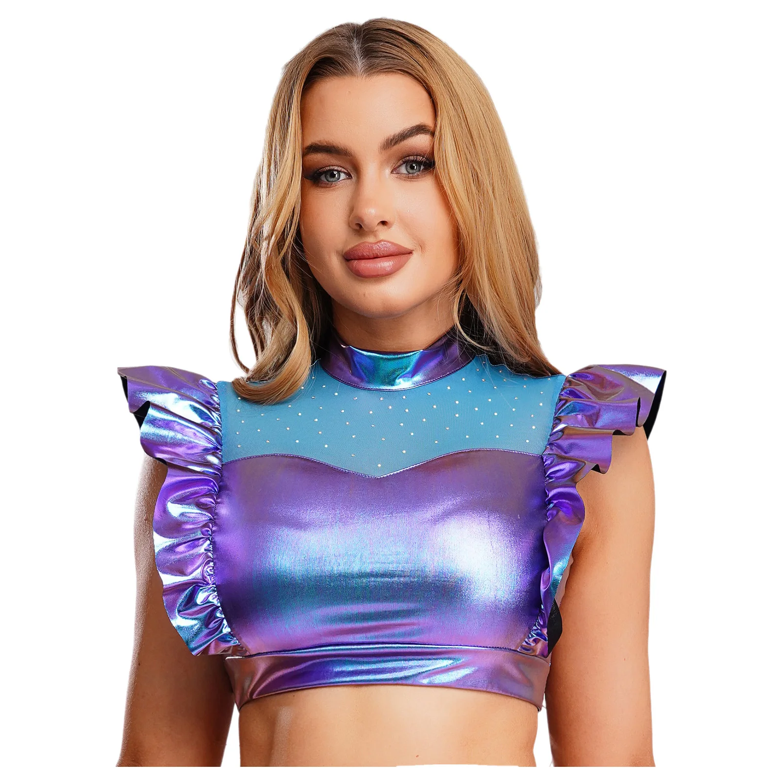 Top corto metálico brillante con volantes y diamantes de imitación para mujer, camiseta sin mangas con cuello simulado y malla transparente en la parte delantera, ropa para discoteca Rave