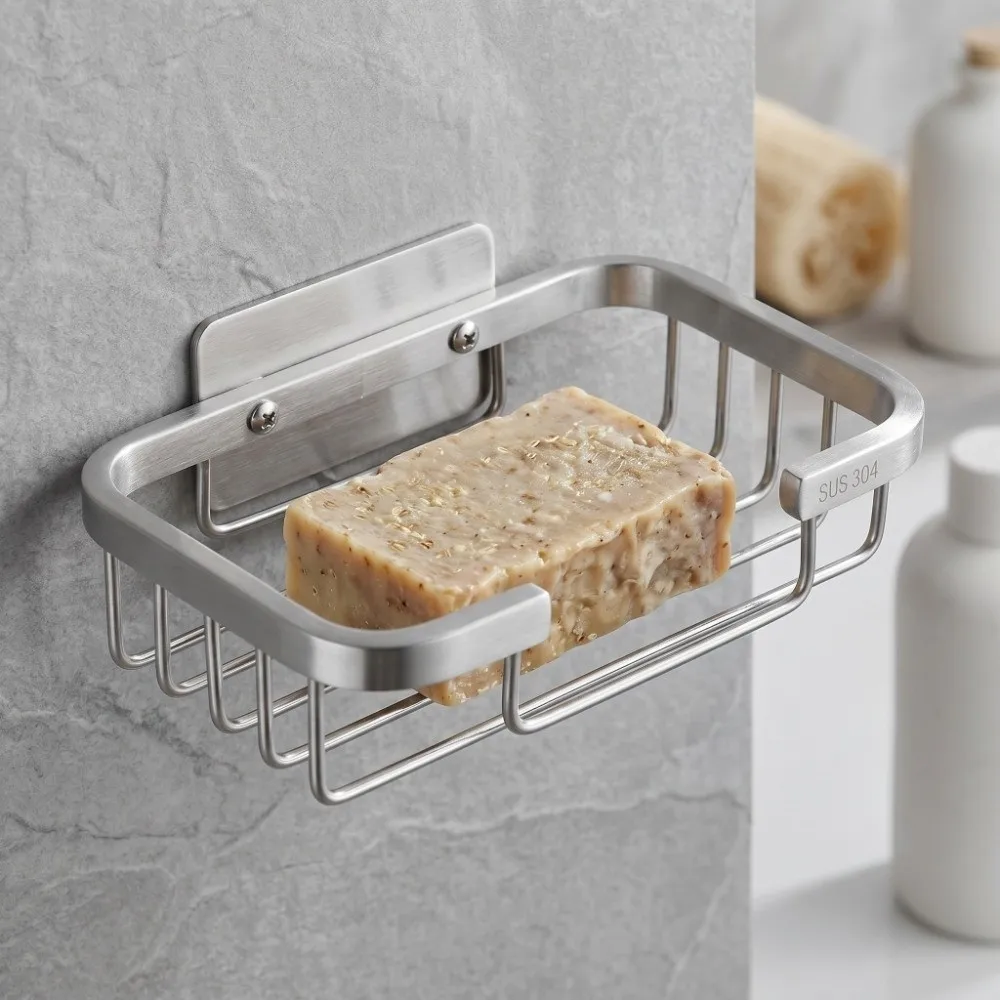 Space Saving Stainless Steel Soap Rack Brushed Finish Silver Soap Dish Wall Mounted Square Design Soap Organizer Box Daily view 3