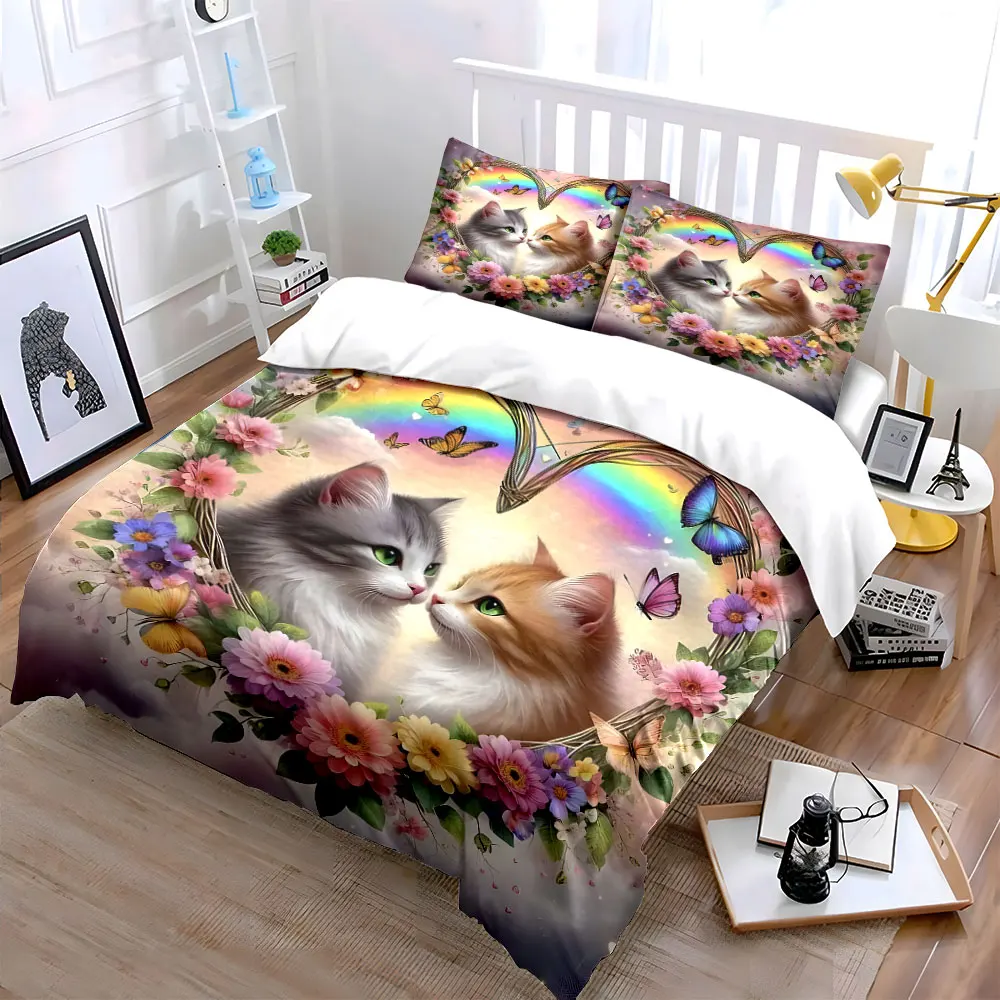 Beautiful cats under rainbow wreath Printed Duvet Cover Set1 Duvet Cover+2 PillowcaseMulti Size Bedroom Bedding Decoration