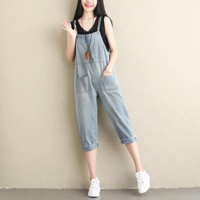 

Faionable Loose Denim Overalls Women's Summer Thin High Waist Seven-Foot Strap Pants Korean Sle Age-Defng Light Wa