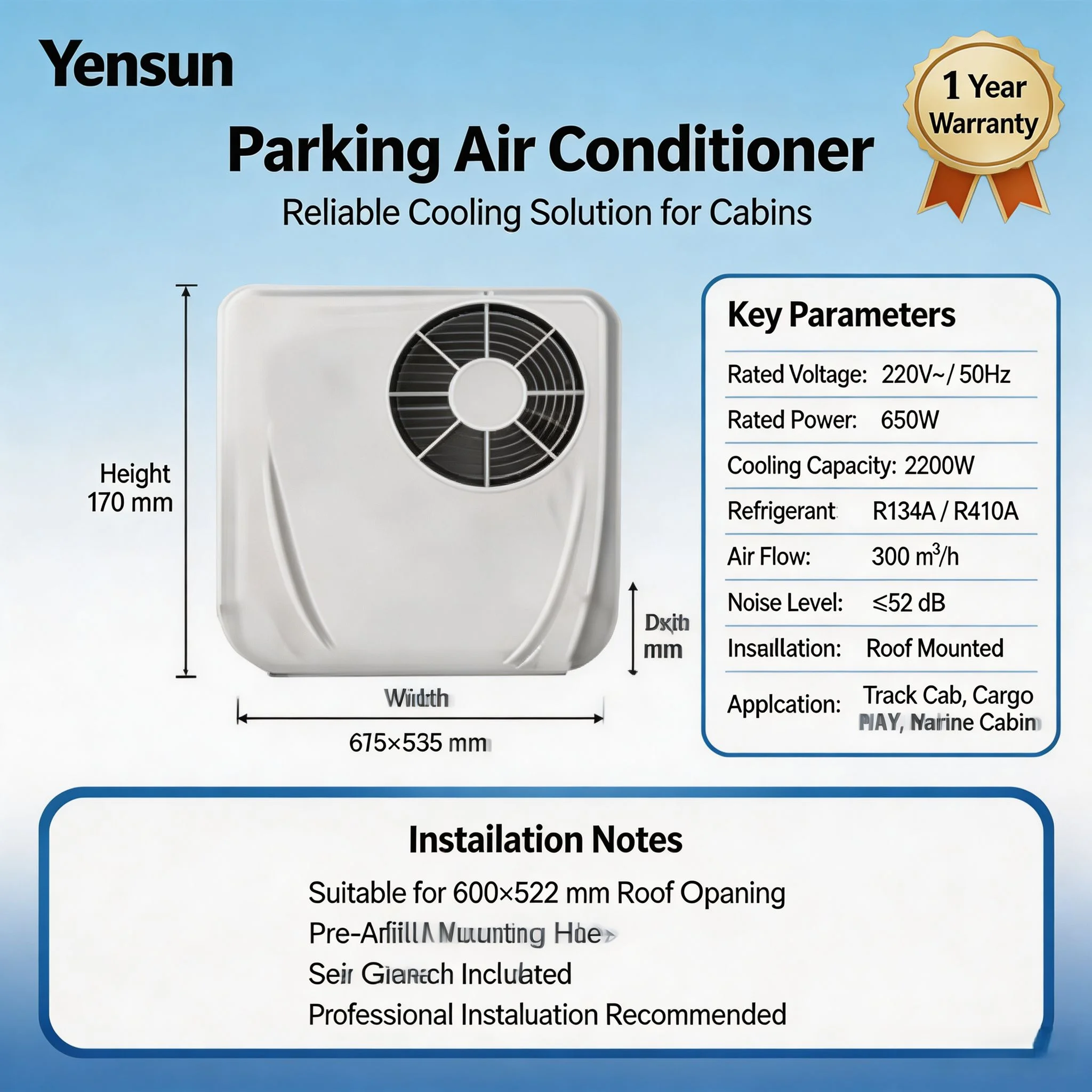 Yensun 12v 24v Roof Top Integrated Parking Air Conditioner For Truck RV Campervan