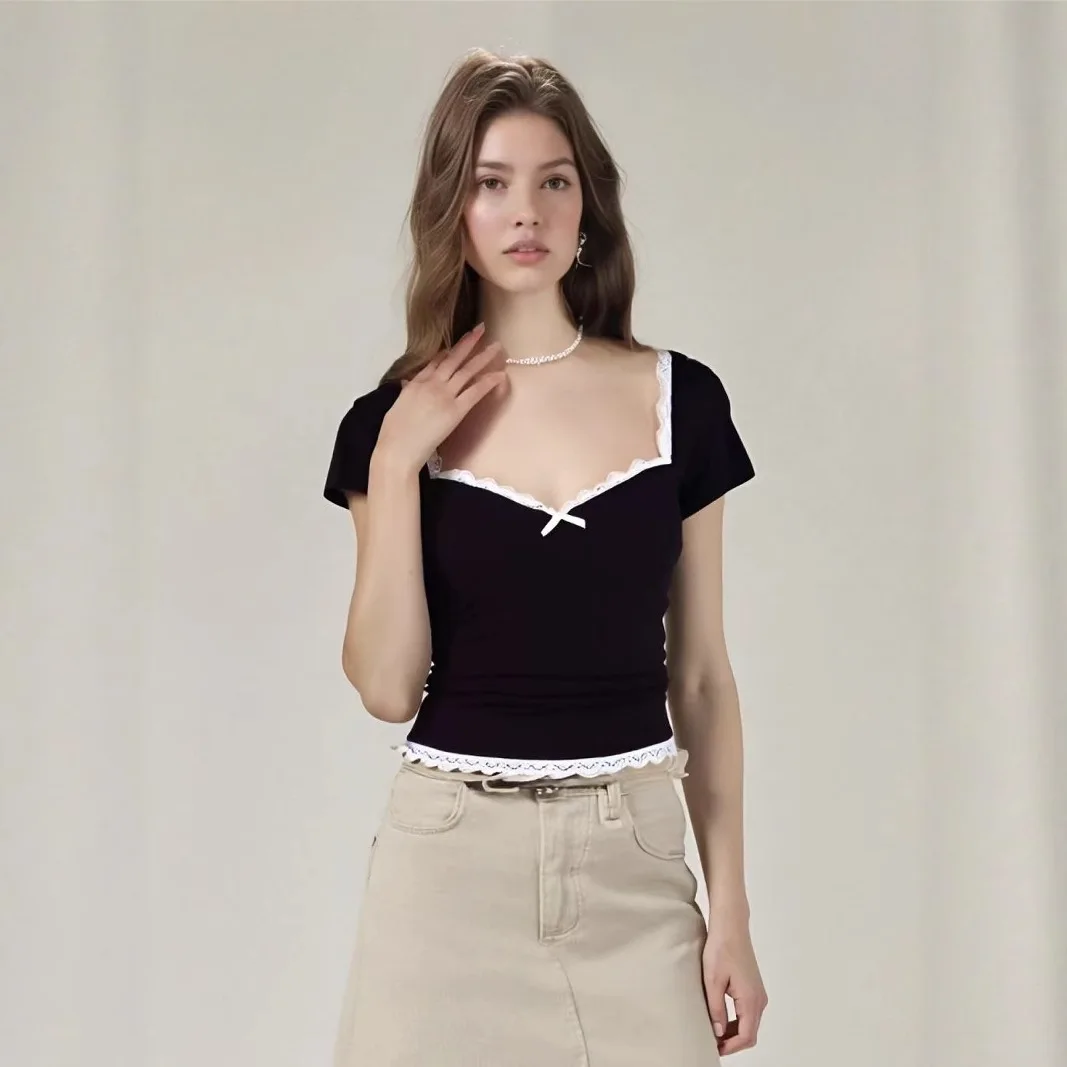 

Summer Square Ne ort Sve T-irt Women's Street Sle Slim Fit Top Knot Other Material Other Sle T-irt