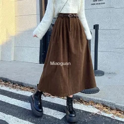 Vintage Style Corduroy Long Skirt Women Autumn Winter High Waist Pleated Skirts 3 Colors Warm Mini Dress Korean A Fashion Casual