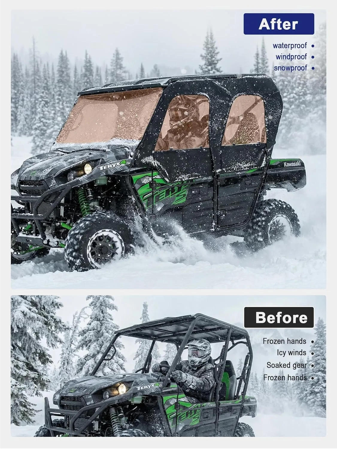 Soft Upper Doors For 2012-2024 Kawasaki Teryx4 4-seat Model Waterproof Tear-Resistant PVC Side Windows Cab Enclosure Upper Windo