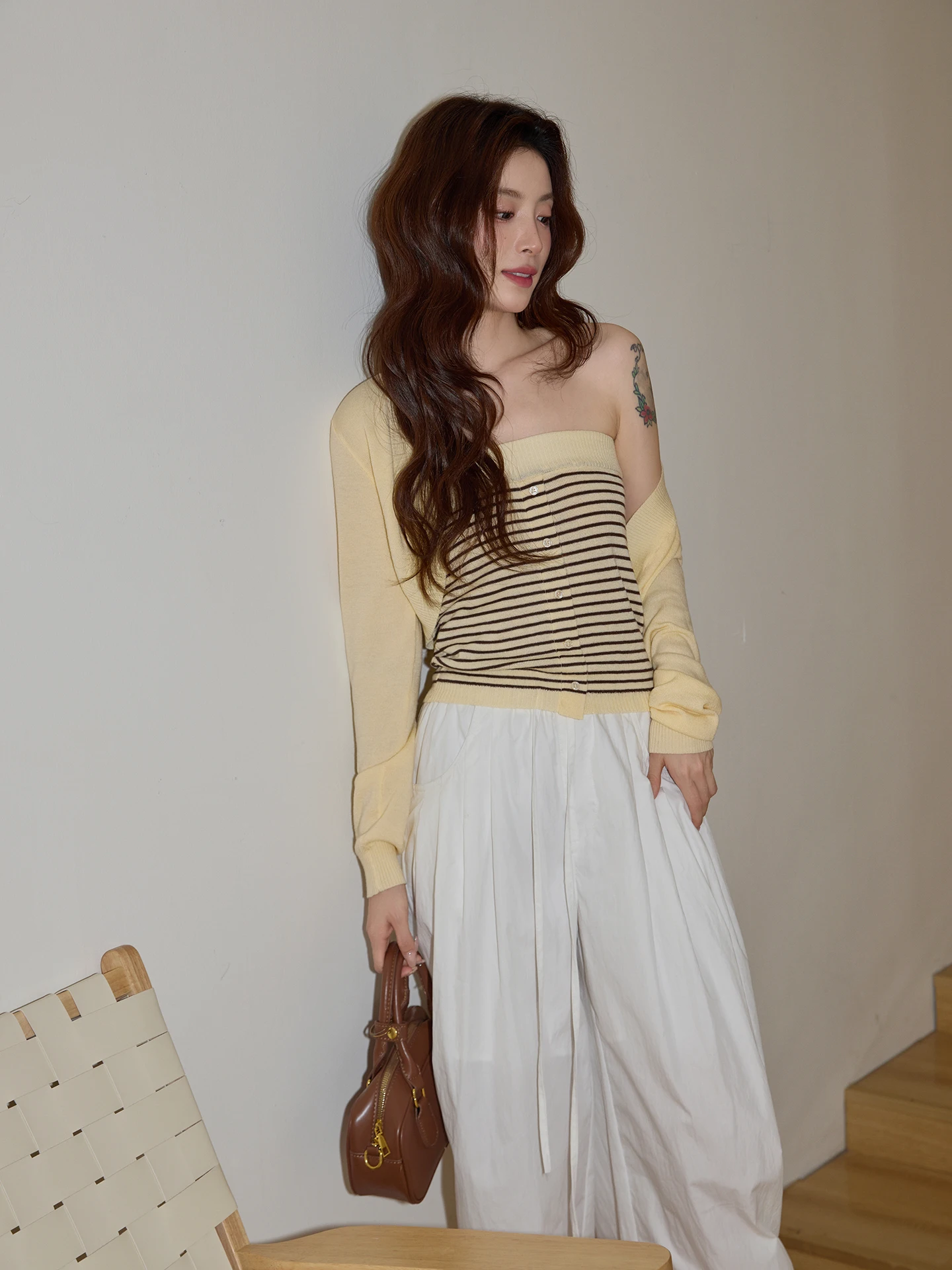 

Yellow Striped Knitted Crop Top And Bot Set Casual Sle Women's Slim Fit Summer Outfit Ci Walk Polyester Blend Long Sl...