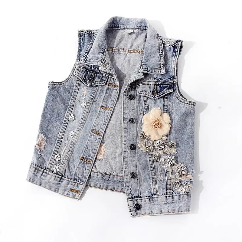 Vrouwen Diamanten Ingelegde Bloem Denim Vest Cropped Mouwloze Top Koreaanse Mode Streetwear Designer Vest Jas Trendy Vest