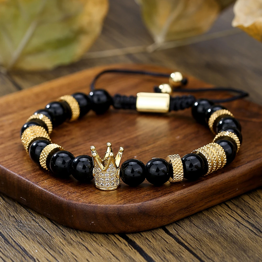 Vintage Crown Black Agate Tigereye Stone Woven Bracelet Roman Numerals Stainless Steel Non-Fading Light Luxury Bracelet for Men