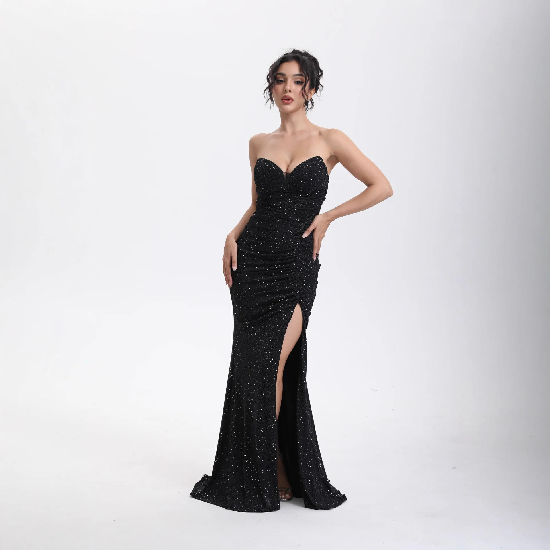 Sexy Bodycon Deep V Backless Fishtail Midi Dress Ruched High Waist Long Evening Dress for Women Spring Summer