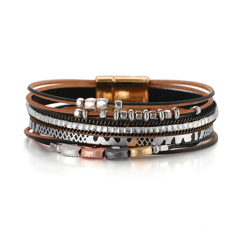 Boho Style Summer Fashion Multi-layer Leather Female Bracelet for Women Jewelry Metal Leaf Beaded Leather Rope Beaded Wristband