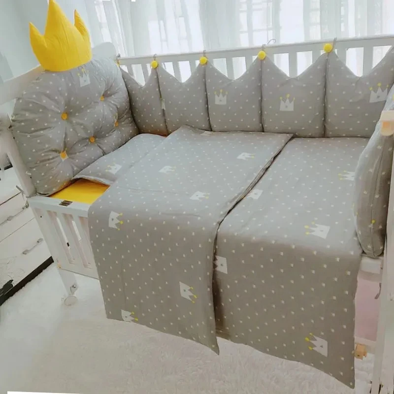 Nordic Style Gray Crown Shaped Bed Head Backrest Cushion Washable Cotton Baby Bedding Set Newborn Thickened Protect Bed Bumper