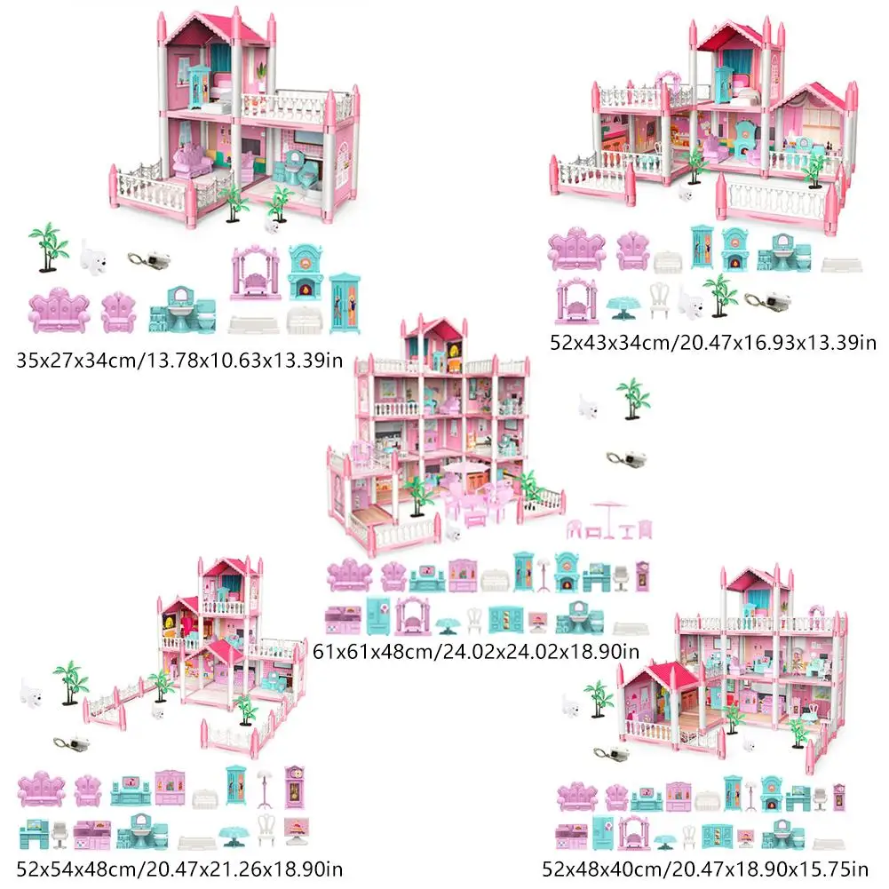 Playset para meninas, mini casa de bonecas, teatro com móveis, brinquedos para vários quartos, versão reduzida, interior do castelo