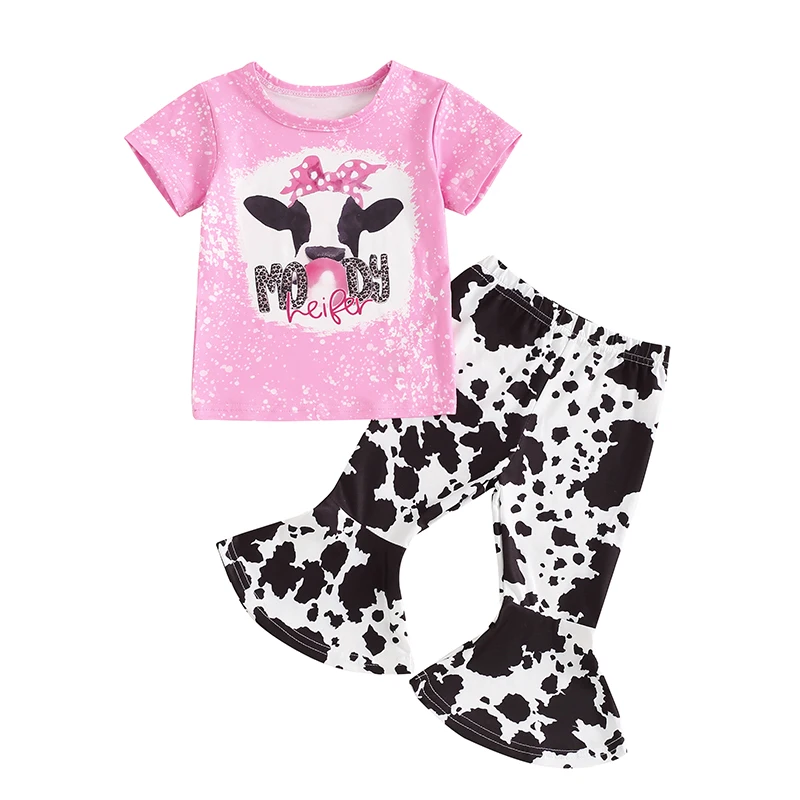 Baby Girl 2Pcs Western Outfits Short Sleeve Cow Print T-Shirt Flare Pants Set Toddler Clothes