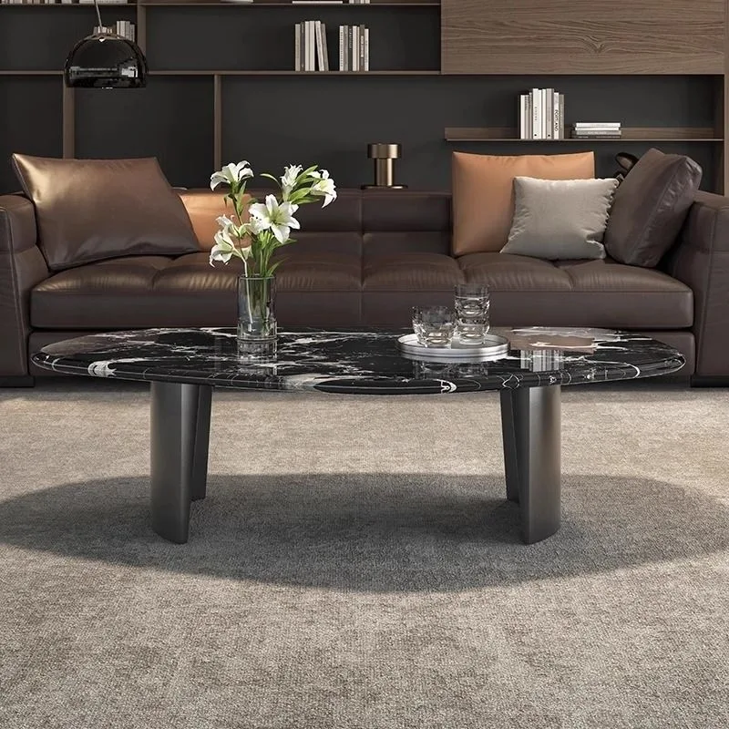 طقم طاولة قهوة من الرخام مع قاعدة من الفولاذ المقاوم للصدأ وطاولة قهوة إيطالية حديثة وطاولة مركزية حجرية #4