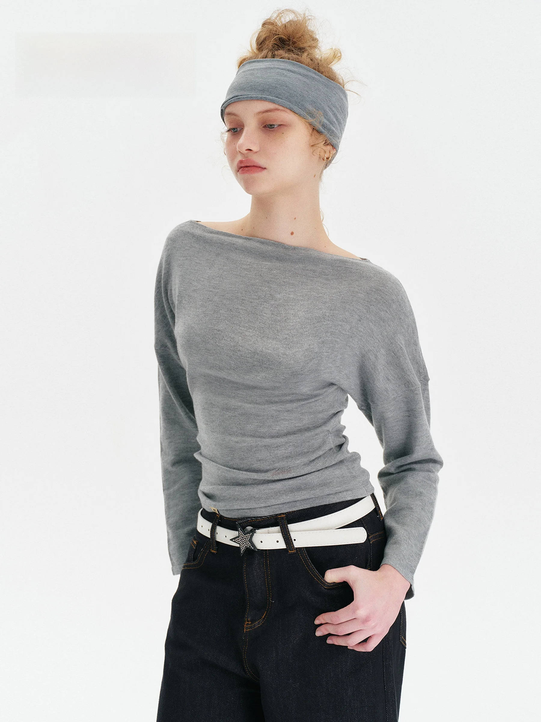 

Amee Lazy American Retro Diagonal Shoulder Knitted Design Long Sleeve Base Layer Top Women's Soft Stretchy Spring Fashion