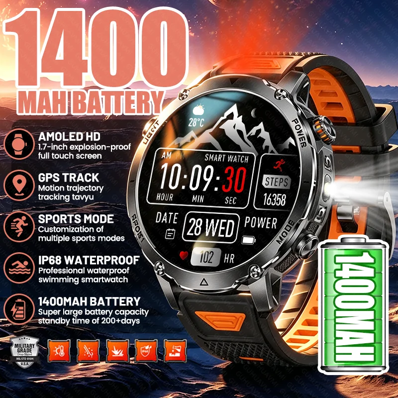 

New Outdoor 1400mAh Battery Capacity Smart Watch SOS Flashlight AMOLED GPS Sports Trajectory Waterproof Men BT Call Smartwatches
