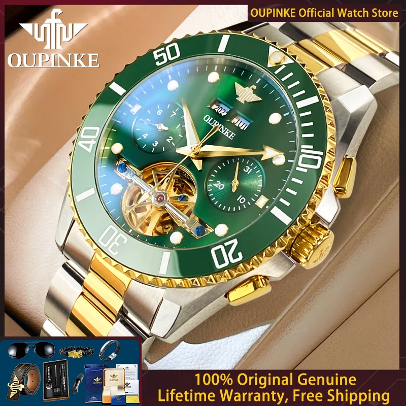 

OUPINKE 3229 Men Watch Luxury Brand Automatic Mechanical Watch Diving Hollow out Flywheel Watch Calendar Week Men Sports Watch