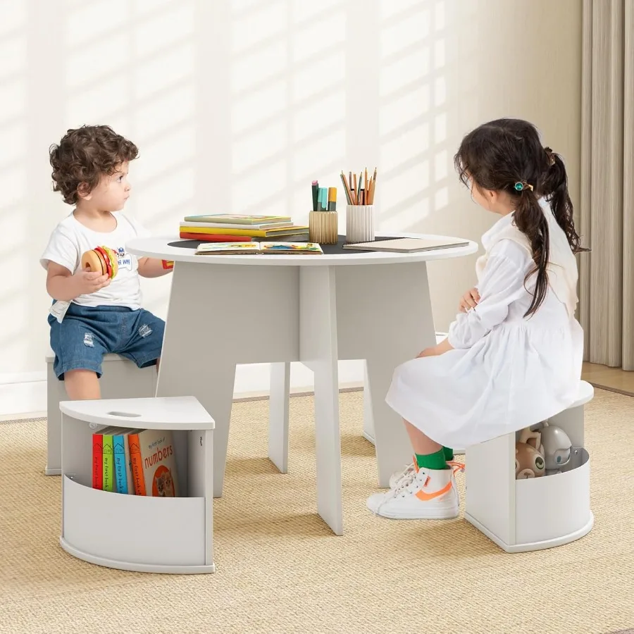 INFANS Toddler Table and Chair Set with 4 Storage Stools Wooden Flower Shaped Nesting Table with Blackboard Drawers MultiActivi
