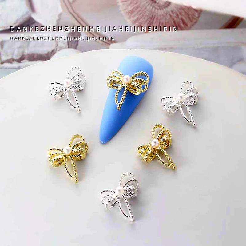 10Pcs Hollow Bowknot Nail Decor DIY Art Accessory Rhinestone Metal Gold Silver Nail Charms 3D Alloy Bow Tie Biżuteria Manicure