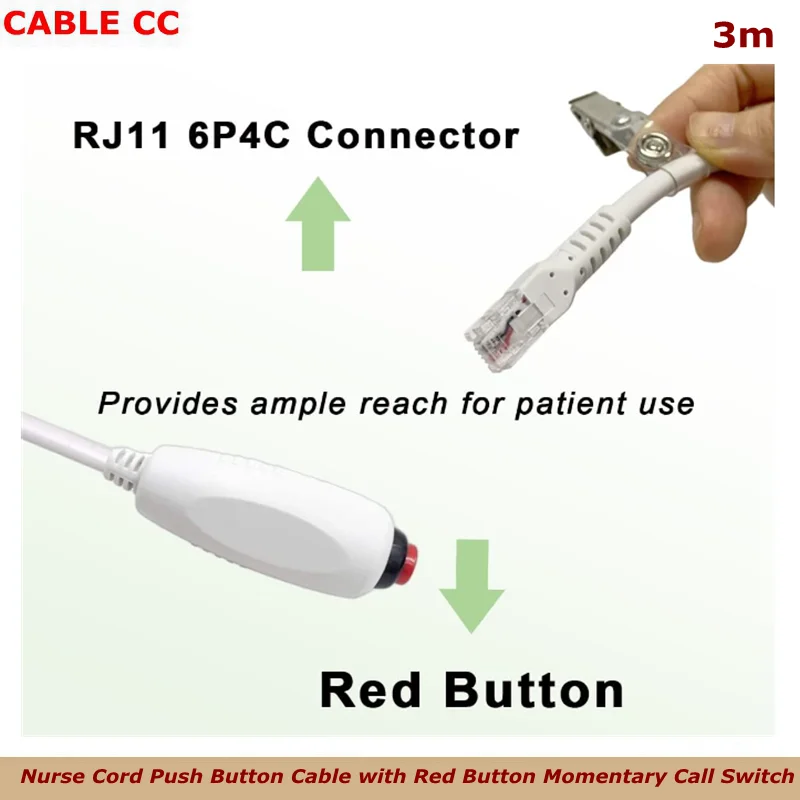 Кнопочный кабель для шнура медсестры с красной кнопкой, мгновенный выключатель, вилка RJ11 6P4C, 10 футов Кнопочный кабель для шнура медсестры с красной кнопкой, мгновенный выключатель, вилка RJ11 6P4C, 10 футов