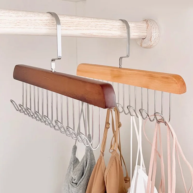 Household 8Hook Hangers Drying Socks Trouser Scarf Storage Necktie Sling Bra Underwear Wooden Hanger Wardrobe Clothes Organizer