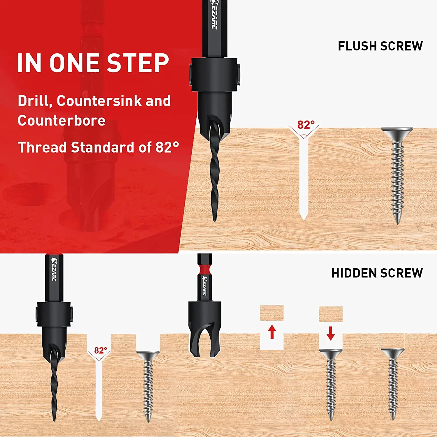 EZARC 10/7 Buah Set Bit Bor Countersink Kayu, Bit Countersink Tirus dengan 1/4 "Betis Hex, Pemotong Steker Kayu dan Kerah Berhenti