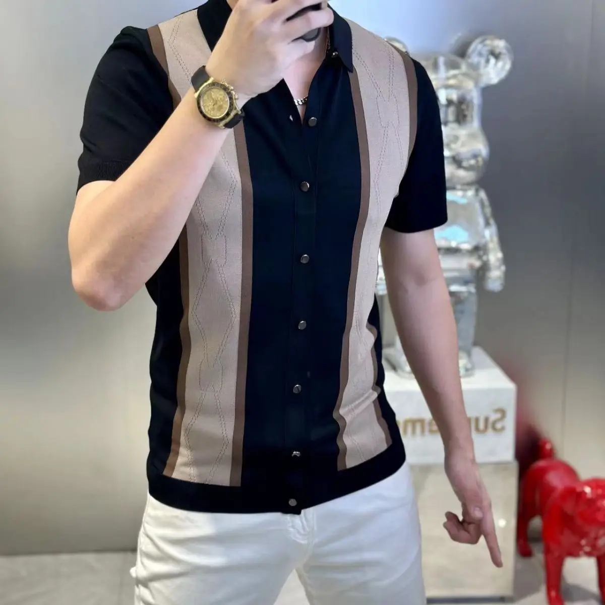 Camisa ajustada de manga corta para hombre, ropa informal de negocios, solapa fina, versátil, colores contrastantes, moda de verano, novedad