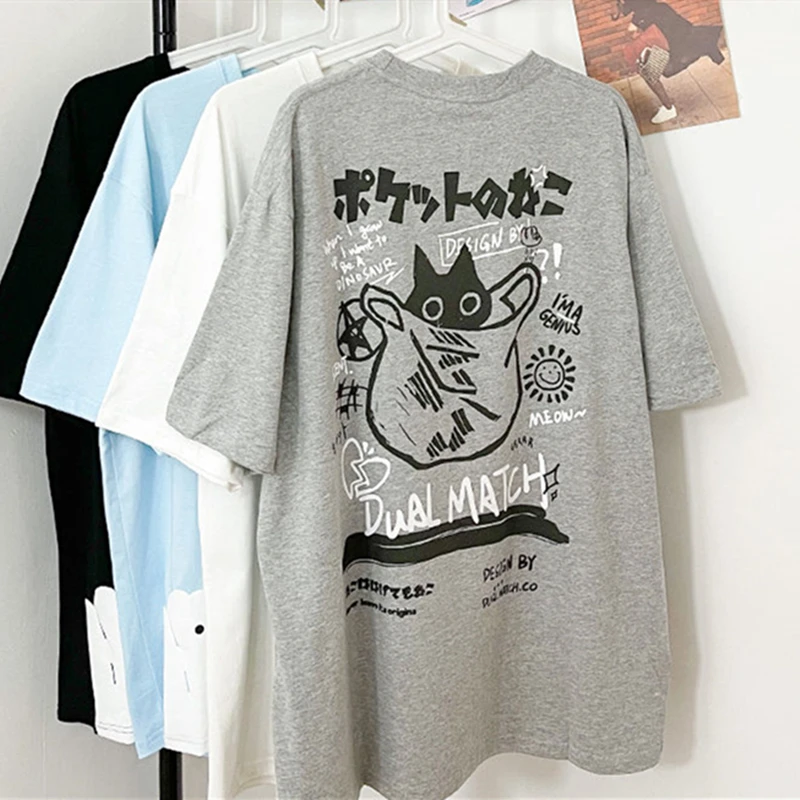 100% Cotton Harajuku Japan Kanji Cartoon Cats Graphic T Shirts New Hip Hop Funny Men Woman Tshirts O-neck Oversized Casual Tops