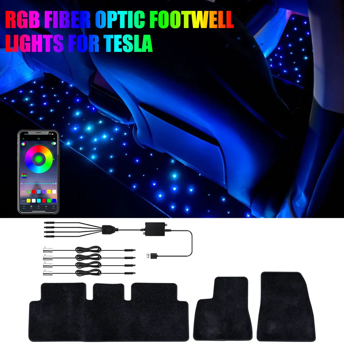For Tesla Model 3 RGB Fiber Optic Twinkle Stars Car Mats WaterProof USB Car LED Rugs APP Decoration Atmosphere Light From 2021