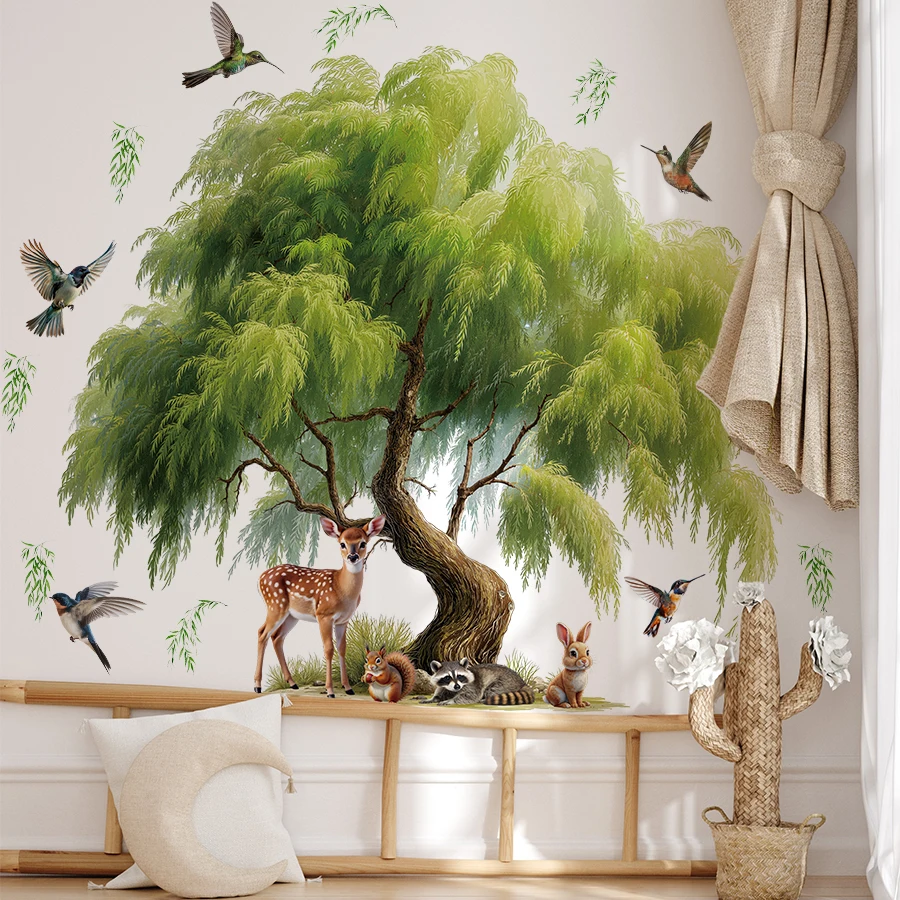 Cartoon Willow Tree Wall Stickers For Nursery Kids Room, Forest Animals Peel & Stick Wall Decals Removable Decor For Playroom