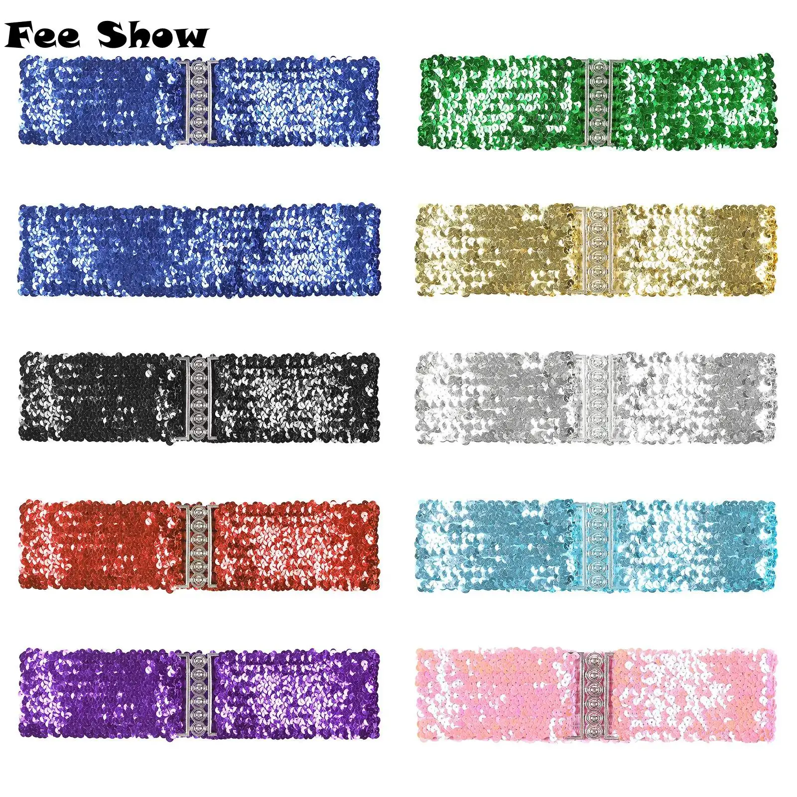 Womens Shiny Sequin Waist Belt Widen Elastic Girdle Belt Hemispheric Fastener Glitter Belt Accessory for Party Costumes