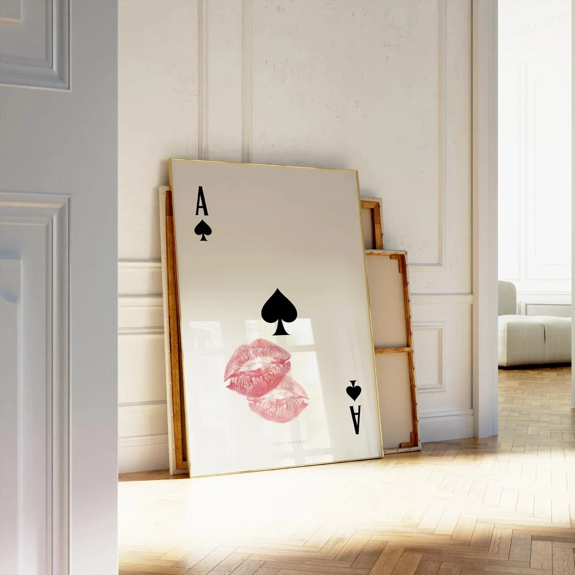 Póster de arte de pared de cartas de póquer, As de Espadas, Beso, Impresión en lienzo, Estilo retro moderno, Labios besándose, Femme Fatale, Arte de cartas, Imagen imprimible