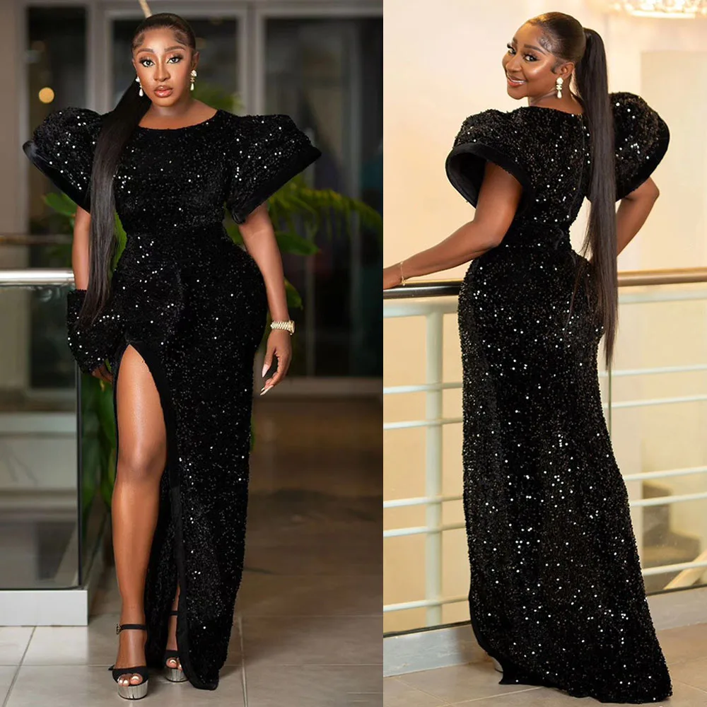 

African Sequin Black Evening Party Dresses Women High Slit Party Gown Ankara Dashiki Dubai Bodycon Sexy Streetwear Party Elegant