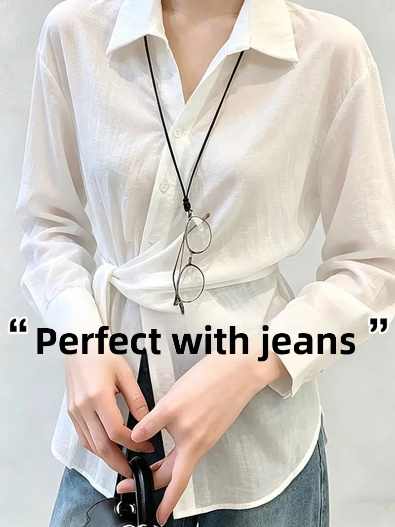 

Casual Style Linen Sun Protection Shirt Women's Summer New High-End Waist-Cinching Belted Lightweight Outerwear Commute