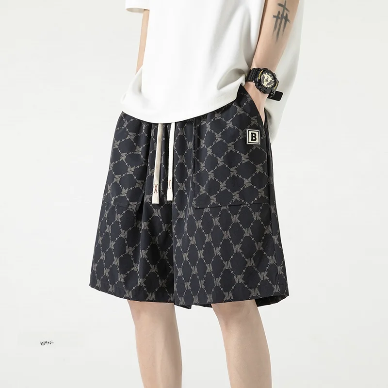 

Мужские летние тонкие брюки в клетку, повседневные спортивные свободные прямые брюки-капри, дышащие, удобные, модные, трендовые