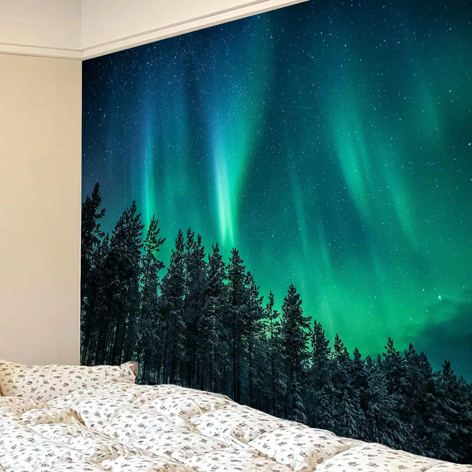 Large Northern Lights Tapestry Wall Decor Aurora Borealis Forest Tree Sky Galaxy Boho Bedroom Living Room Print