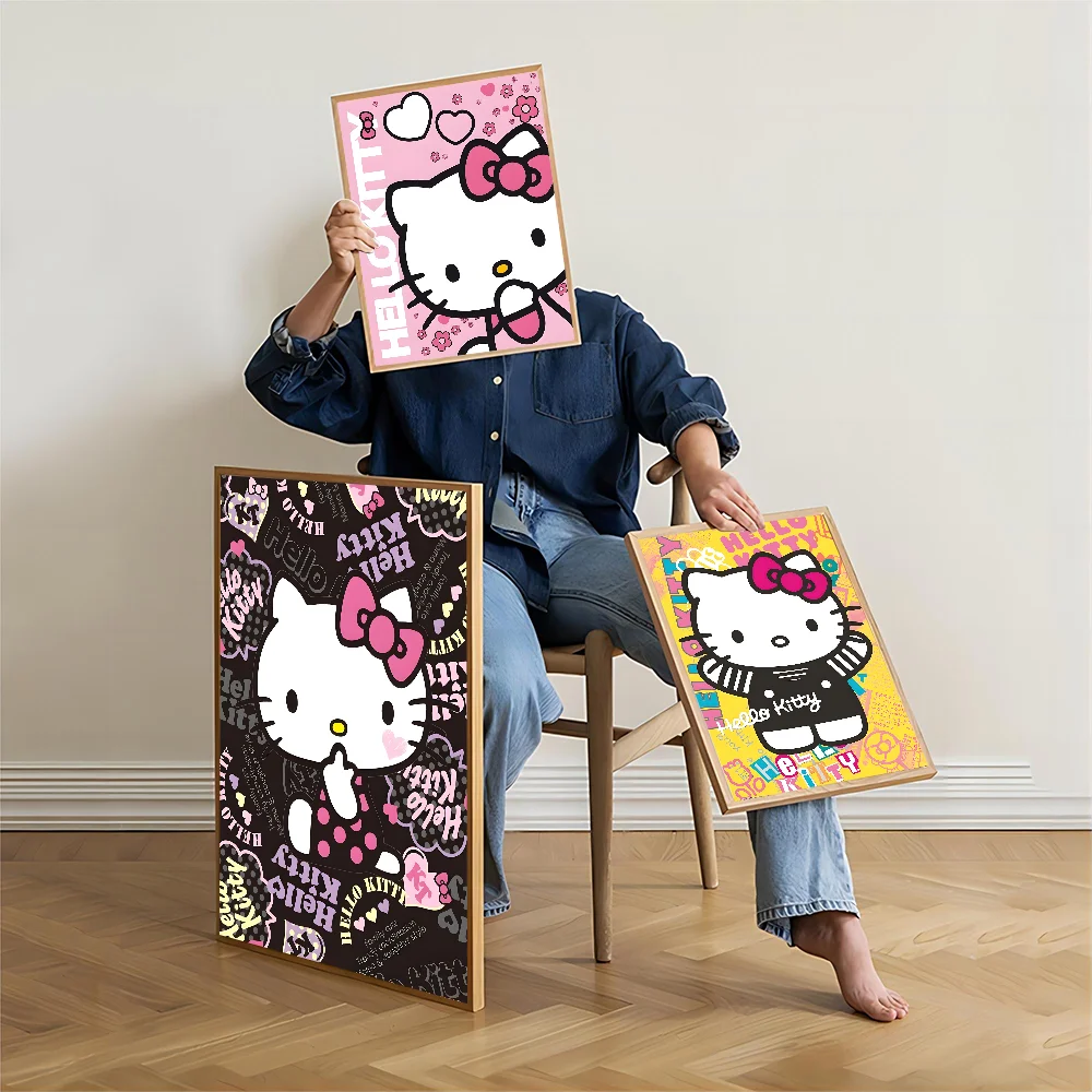 Cute Cat H-Hello K-Kitty Vintage Posters Sticky Retro Kraft Paper Sticker DIY Room Bar Cafe Kawaii Room Decor