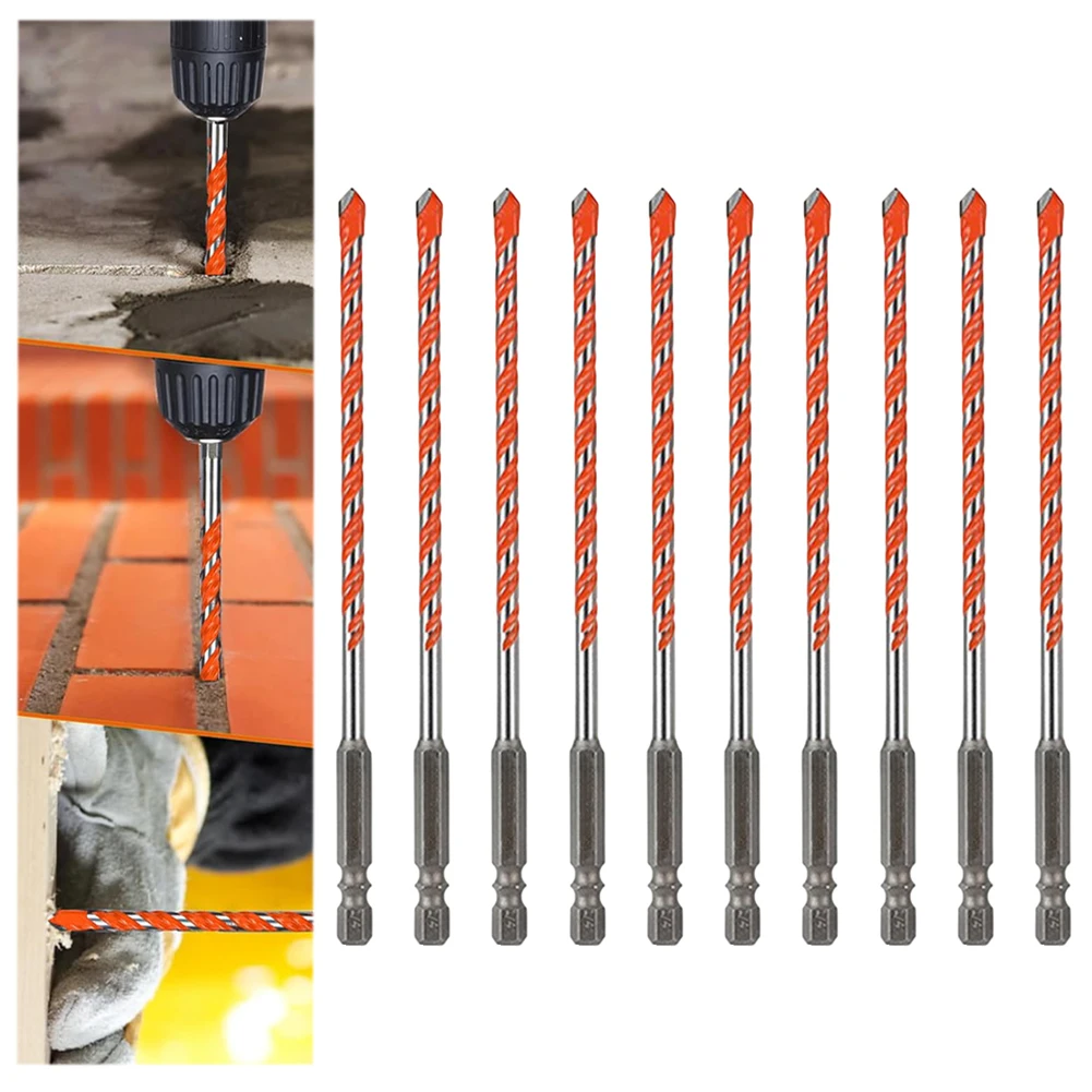 Conjunto de brocas de alvenaria de carboneto de 4 mm, 10 peças com haste sextavada de 1/4 \\\'\\\' para tijolo de concreto para perfuração de vidro e telha