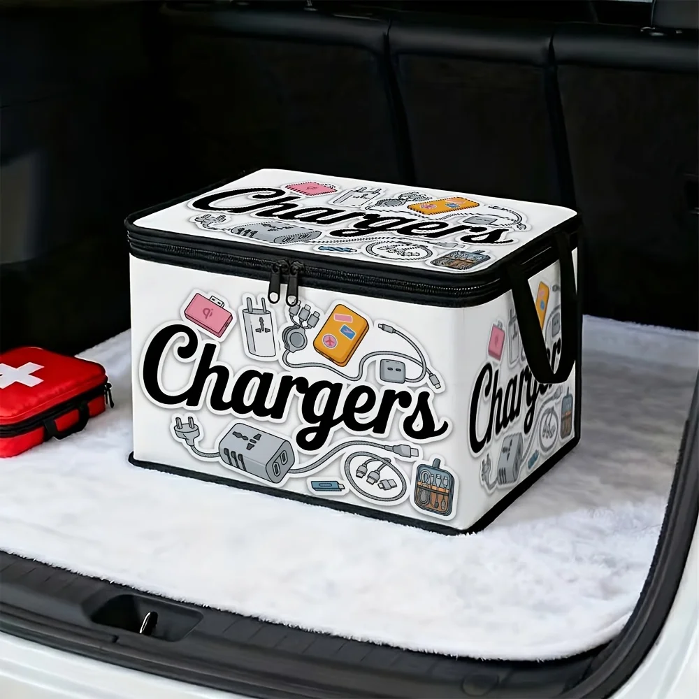 Clothing Lid Storage Box Modern Graphic Text And Chargers Electronic Cables Foldable Zipper Storage Box,Lidded Storage Container