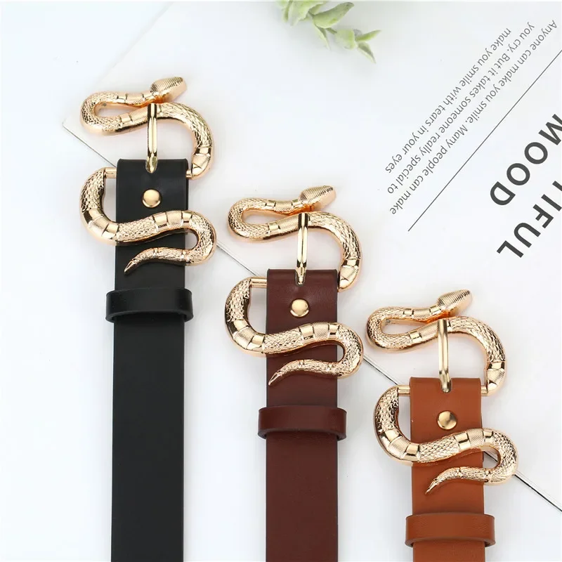 2024 European Women Fashionable Temperament Snake Shaped Buckle PU Belt Versatile Daily Simple Jeans Sweet and Cool Women's Belt