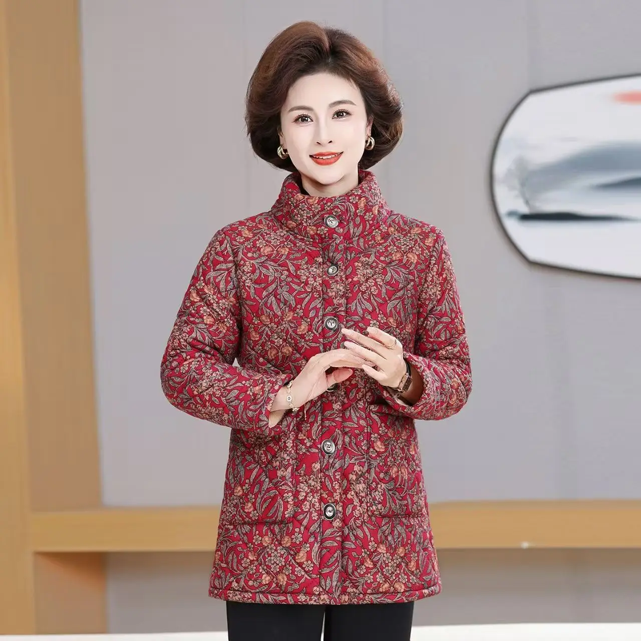

Thiened Printed Cotton Jaet Stand Collar Fce Lined Mid-Length Coat for Middle-Aged And ly Women Winter Warm Outer...
