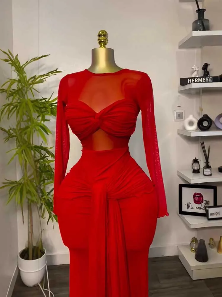 Female Clothing Transparent Bodycon Dress Long Sleeve Solid Color Women Flowy Autumn Dress Stretch Sexy Elegant Dress Ladies