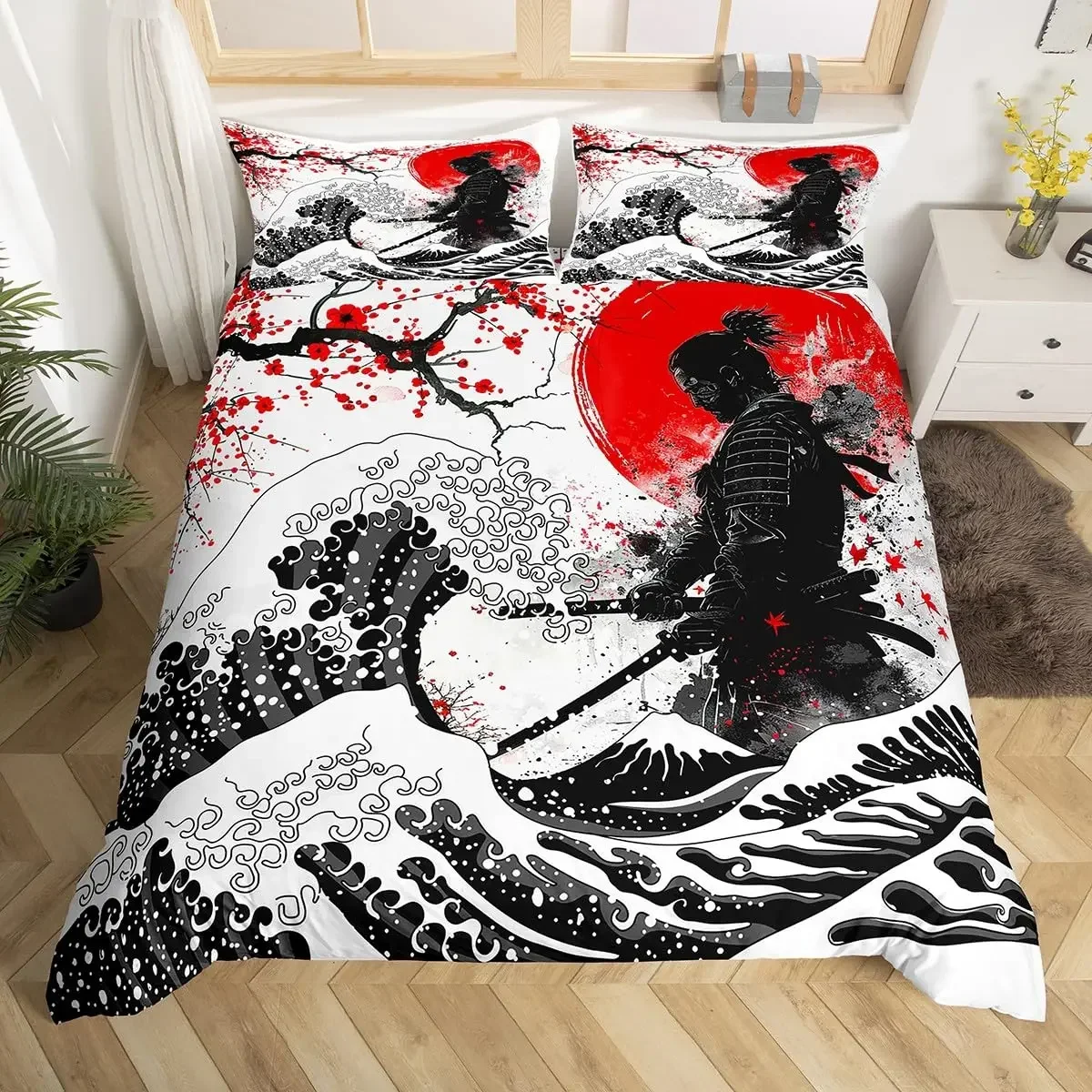 Japanese Samurai Full Size Bedding Set Cherry Blossoms Red Sun Hokusai Duvet Cover Fuji Mountain Quilt Comforter Cover