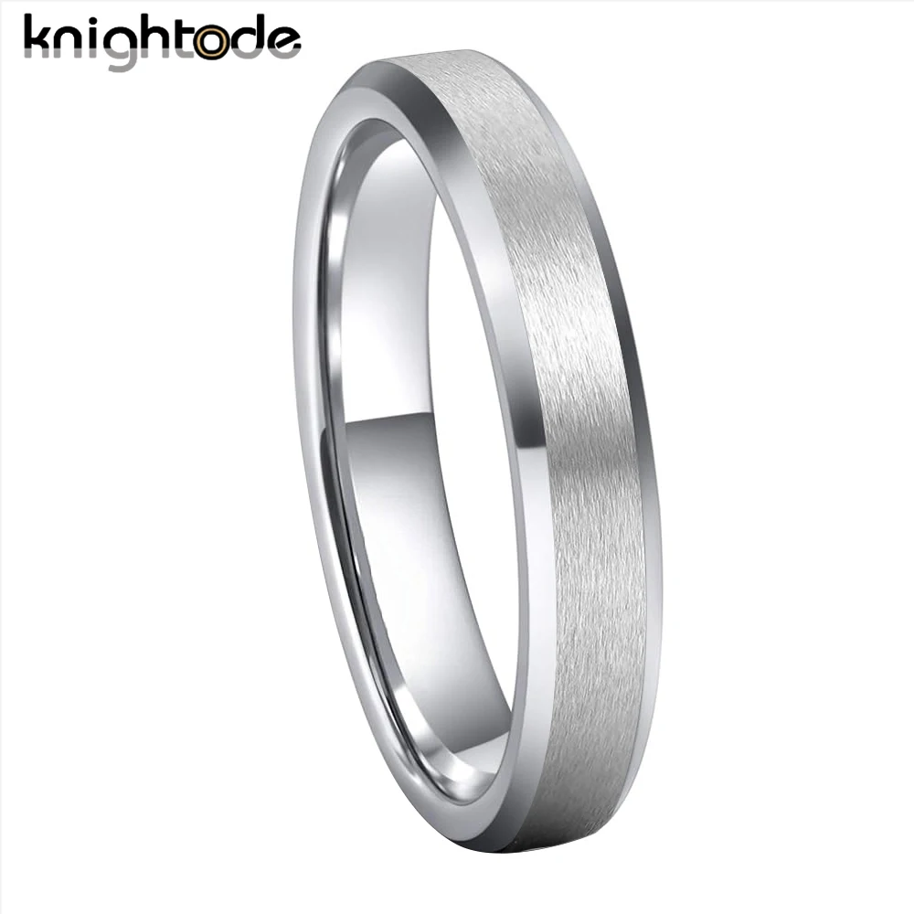 4mm Silvery Tungsten Carbide Wedding Rings For Women  Anniversary Jewelry Pinky Ring Beveled Edges Brushed Surface Comfort Fit