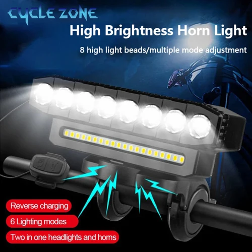 Luz delantera de bicicleta de 8 LED con bocina, luz de bicicleta, 6 modos de carga USB, faros de bicicleta impermeables, accesorios de lámpara de ciclismo MTB