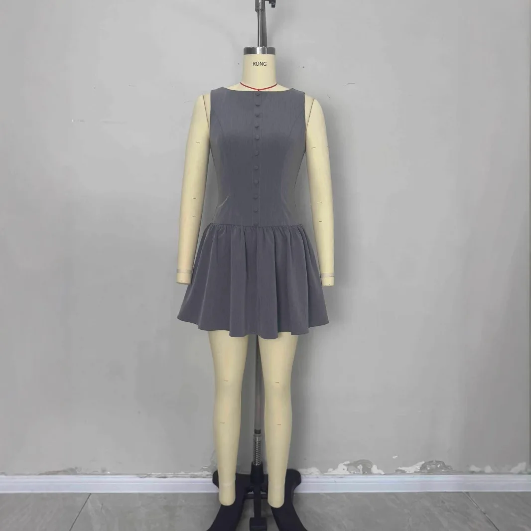 2025 Summer New Women Sleeveless Casual Button A-line Skirt with Lotus Leaf Edge Elegant Mini Female Vestidos