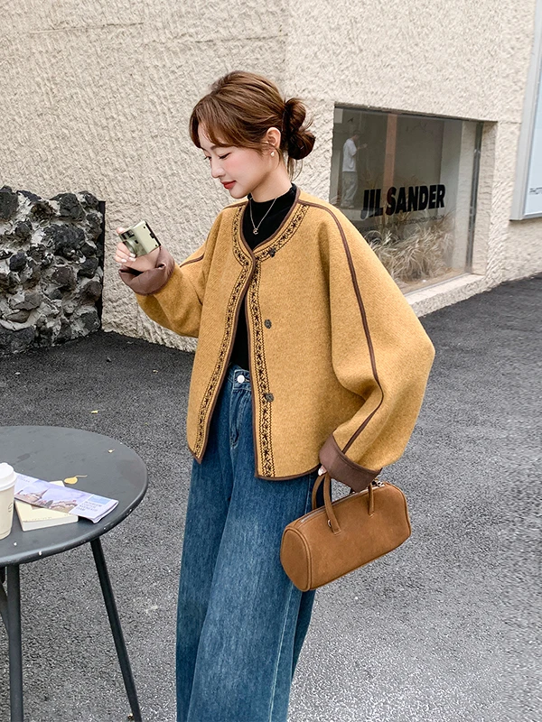 

Yellow Embroidered Woolen Coat ort Women's Sle Korean Faion Autumn Winter New Arrival Small Size Commute Straight Cut