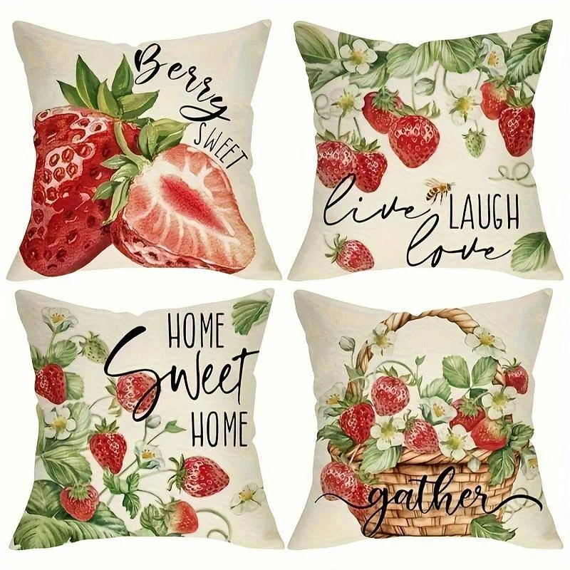 4pcs Strawberry Pattern Decorative Pillow Set - 