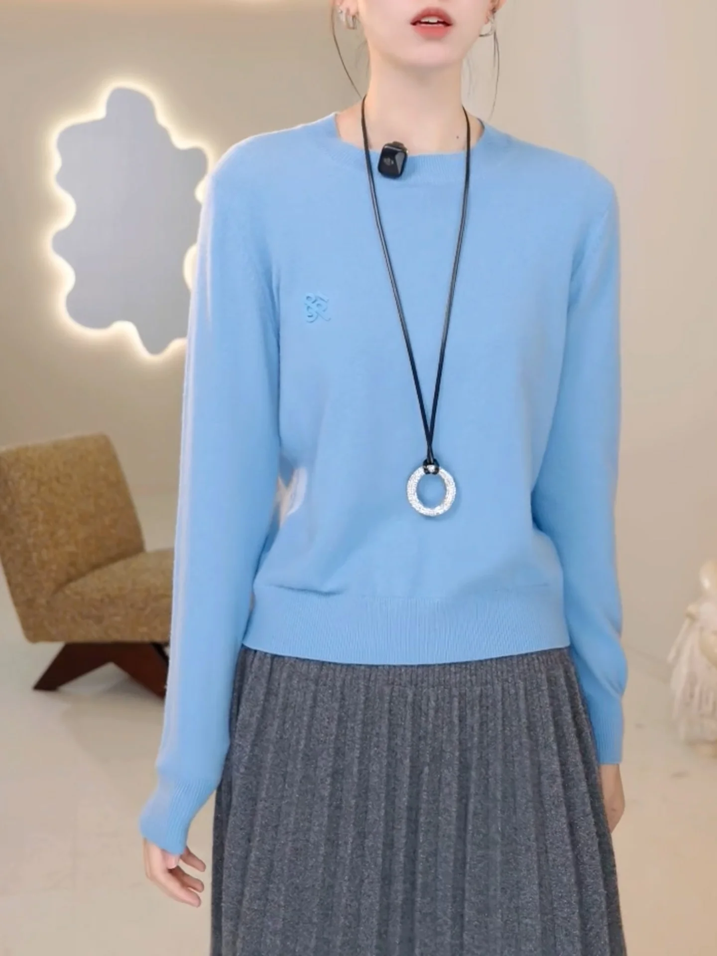 

Blue round Ne Knitted Sweater Long Sve Women's Base Layer irt Korean Sle Autumn Winter New Arrival plus Size Snow Dr...