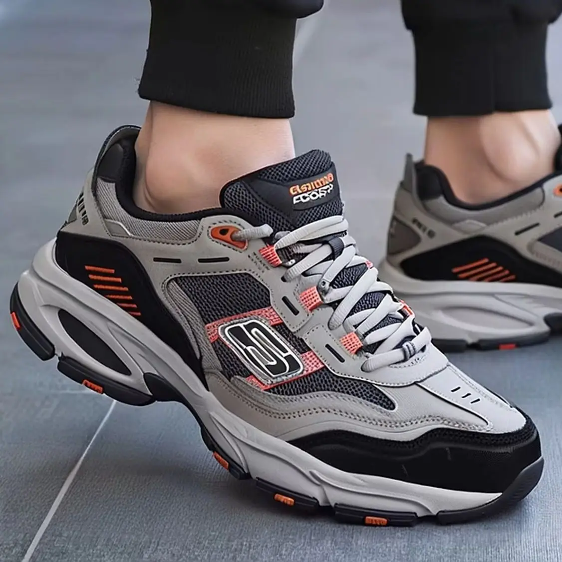 Mens Outdoor Hiking Shoes 237067W-GYOR Grey Orange Mesh Upper Synthetic Overlay Reinforced Toe Lace Up Heel Pull Tab Cushion Mid